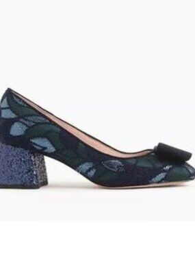 J.Crew Celia Jacquard Glitter Heel Pumps – Blue/Green Bow Block Heel - MF0306